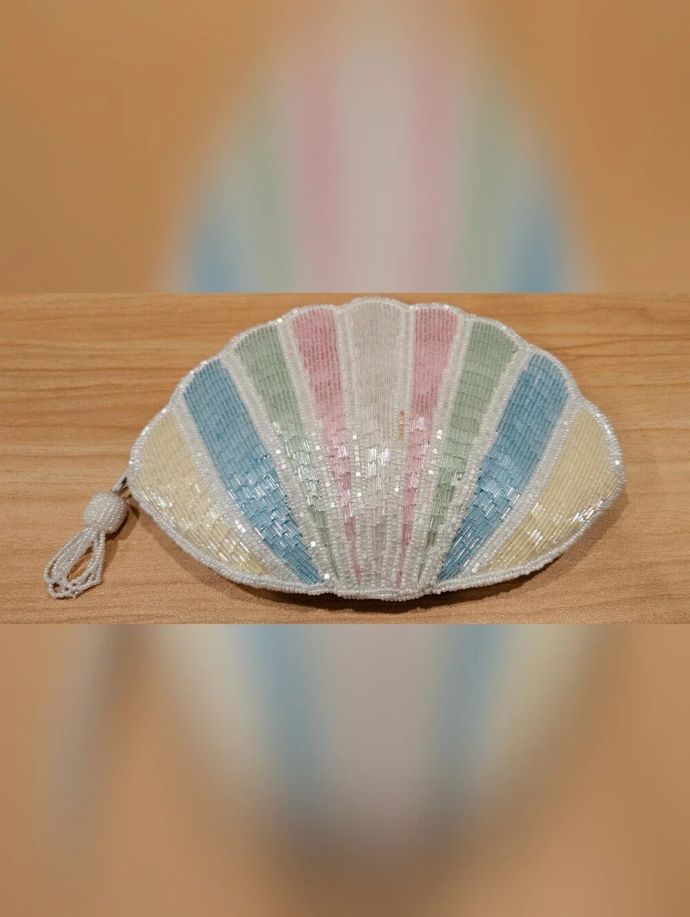 Vintage Handmade Beaded Seashell Pastel Color Pouch Bag Zipper Closure Boho Chic